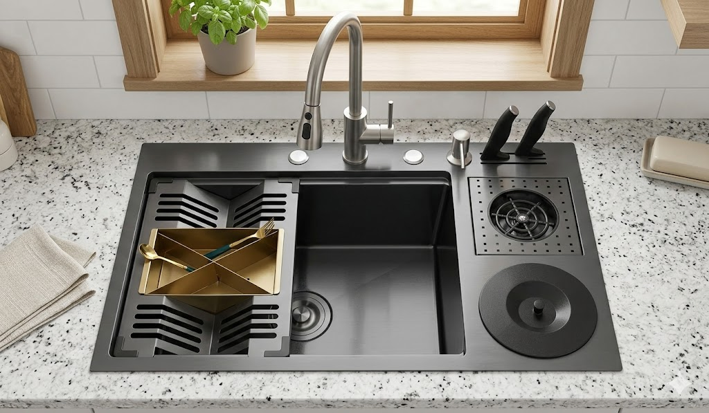 Full Set with Waste Bin, Draining Rack, Cup Washer &amp; Knife Organizer Smart Kitchen Workstation Stainless Steel Kitchen Sink Hmfs8049