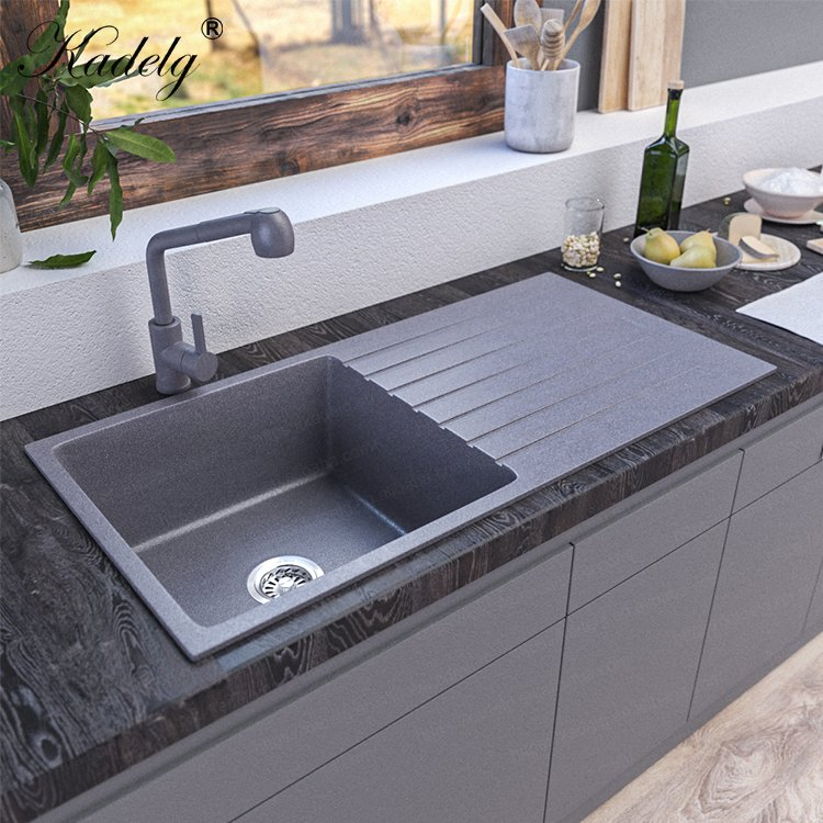 Elegant Matte White Reversible Granite Sink with Convenient Drainboard