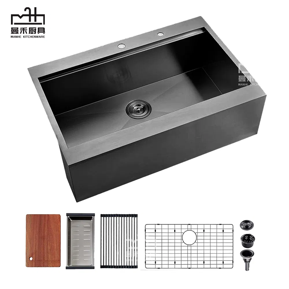 Black Drop in 304 Stainless Steel Farmhouse Flat Apron Front Workstation Sink Countertop Fregaderos De Cocina