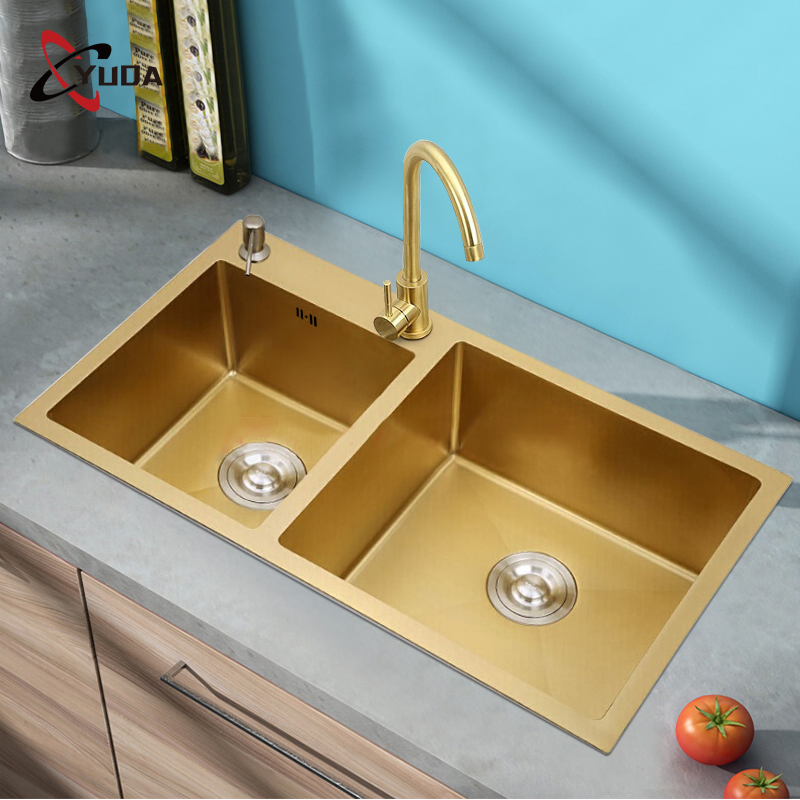 Factory Wholesale Gold Stainless Steel Undermount Kitchen Sink Double Bowls with CE Certification Fregadero De La Cocina