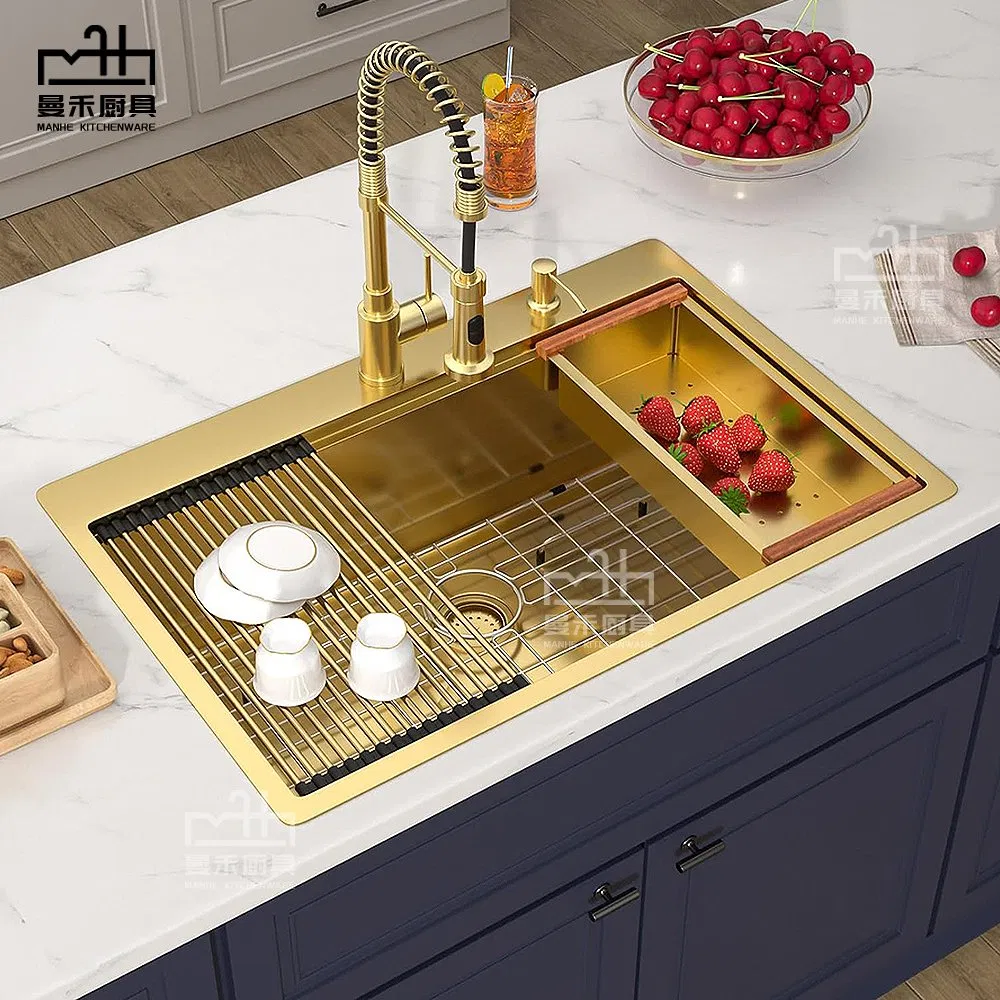 33 Inch Drop in Kitchen Sink Gold Brushed 33X22 Workstation Stainless Steel 16 Gauge Single Bowl Handmade Topmount Kitchen Sink with Cutting Board