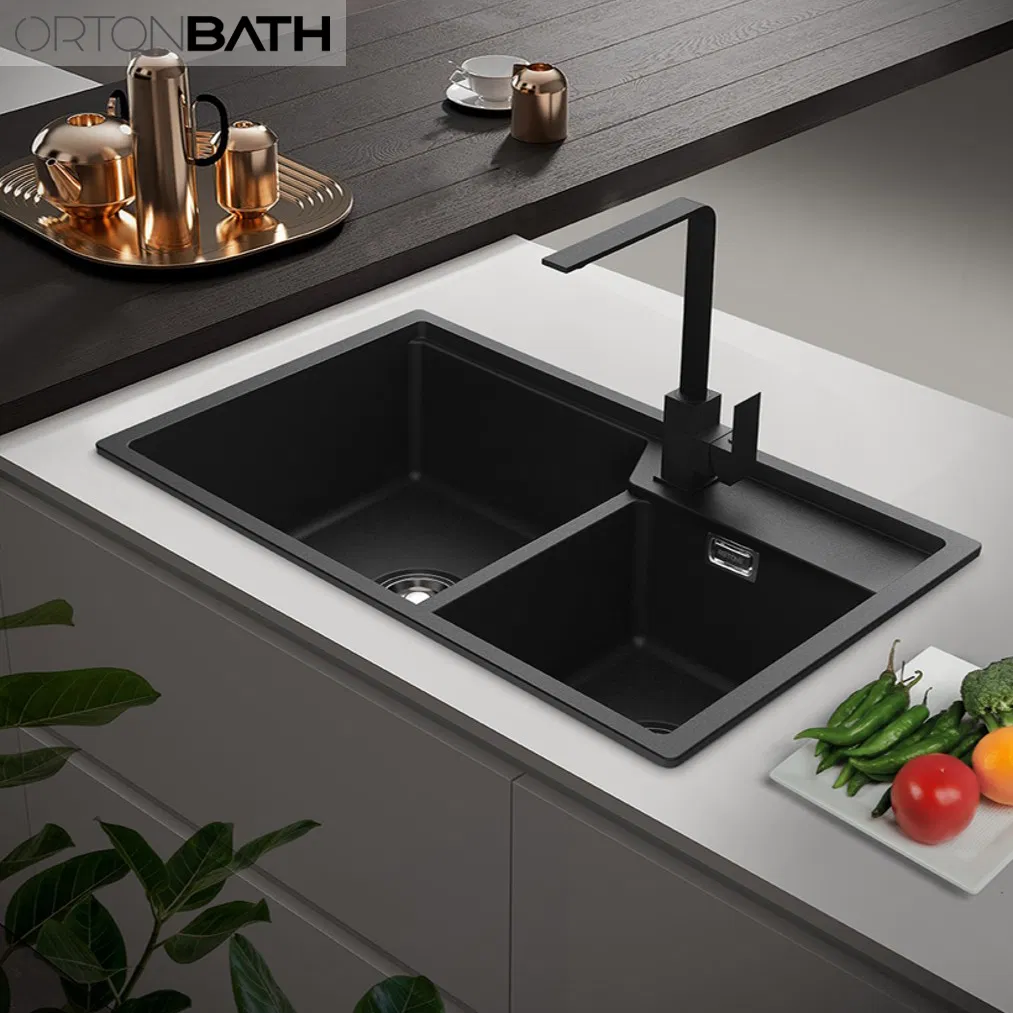 Ortonbath Black Topmount Double Bowl Composite Granite Composite Kitchen Sink with 1 Tap Hole