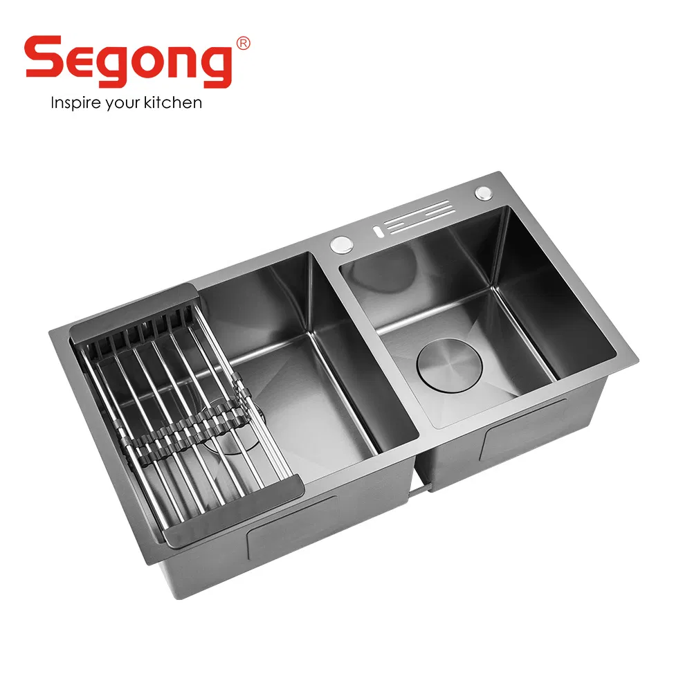 Wholesale 304 Stainless Steel Kitchen Sink Double Bowl Corner Gunmetal Black Counter Installation Nano Toprmount