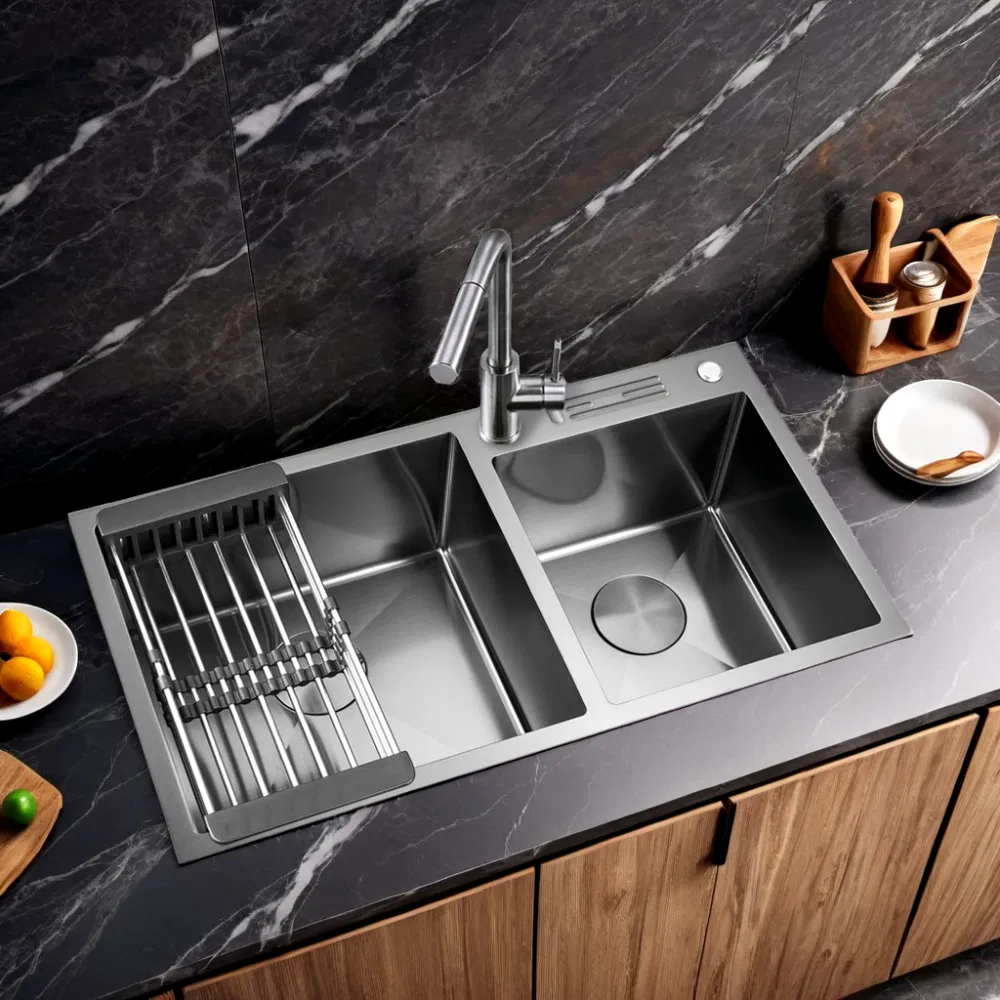 Wholesale 304 Stainless Steel Kitchen Sink Double Bowl Corner Gunmetal Black Counter Installation Nano Toprmount