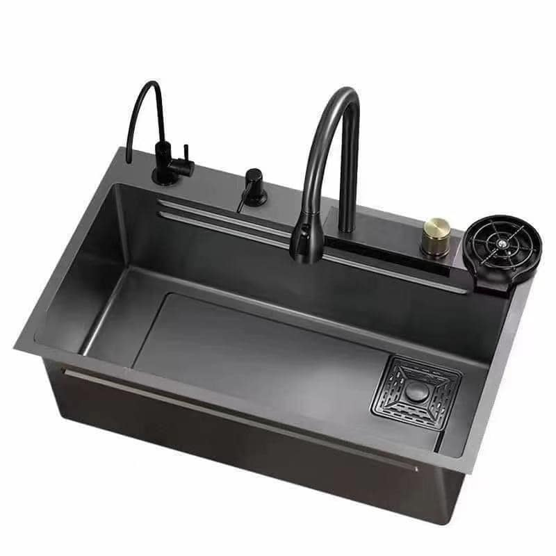 Handmade Modern Design Kitchen Stainless Steel Single Bowl Sink with Intelligent Digital Display Waterfall Faucet