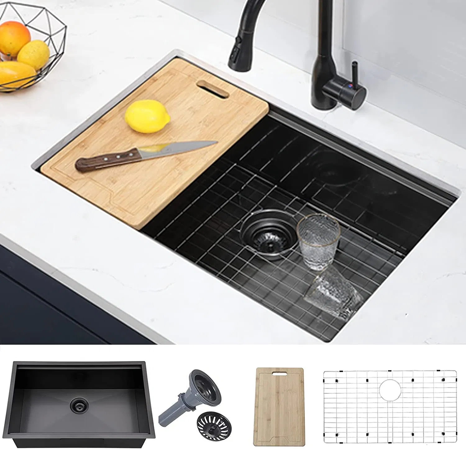 33 Inch Nano Black PVD Drop in Topmount Workstation Drainboard Farmhouse Wash Basin Single Bowl Handmade Stainless Steel Kitchen Sink