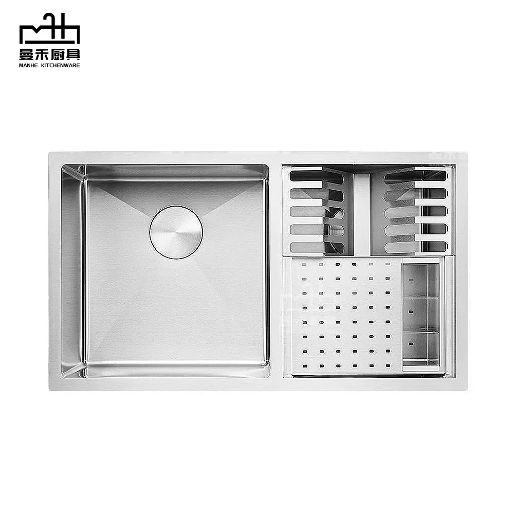 New Handmade Stainless Steel Undermount Double Bowl Kitchen Sink with Draining Rack &amp; Cutlery Holder