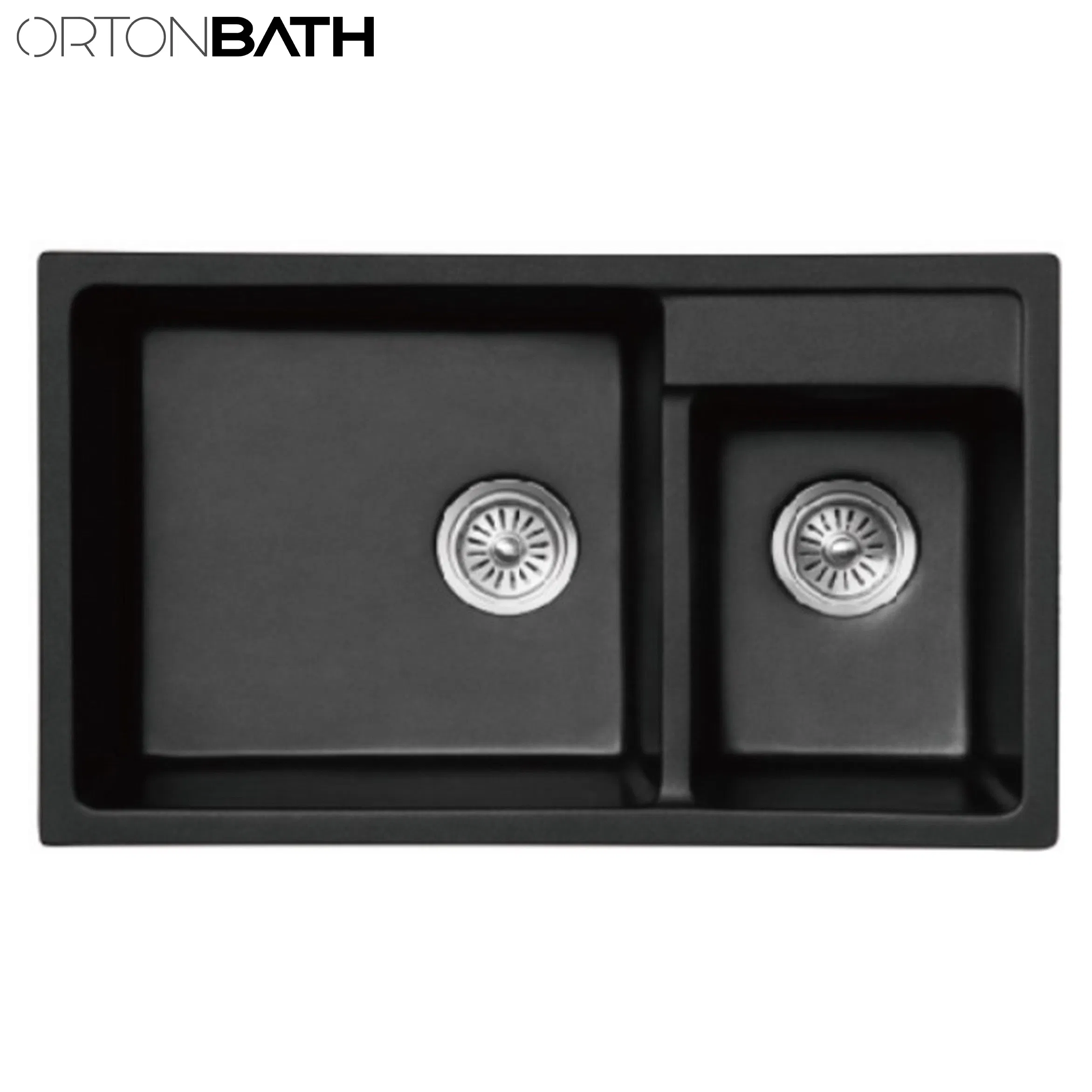 Ortonbath Double Bowl Black Silvery Granite Composite Kitchen Sink &amp; Waste Kit - 780 X 430mm