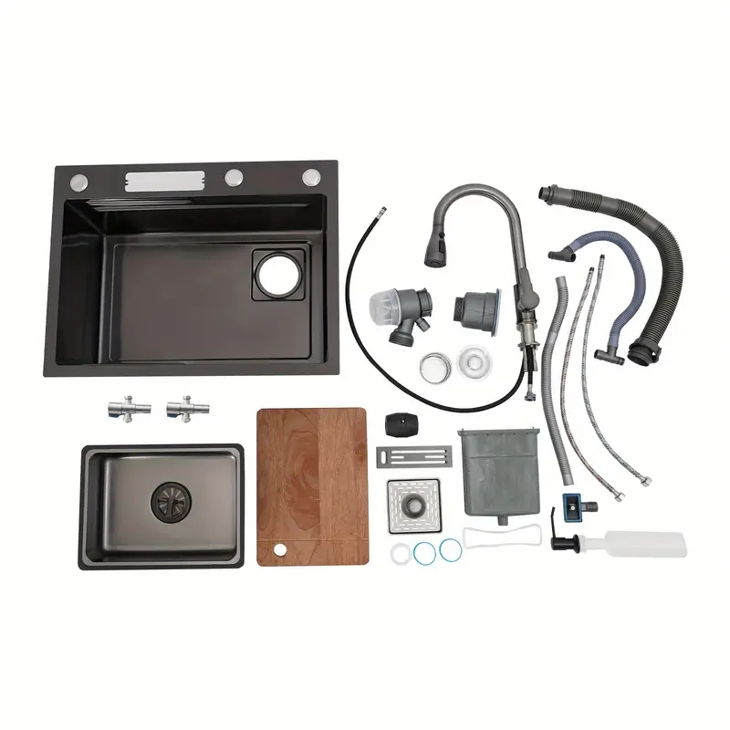 Complete Multifunctional Kitchen Integrated Sink with Knife Holder, Double Slide Rails and Matching Small Basin Cutting Board