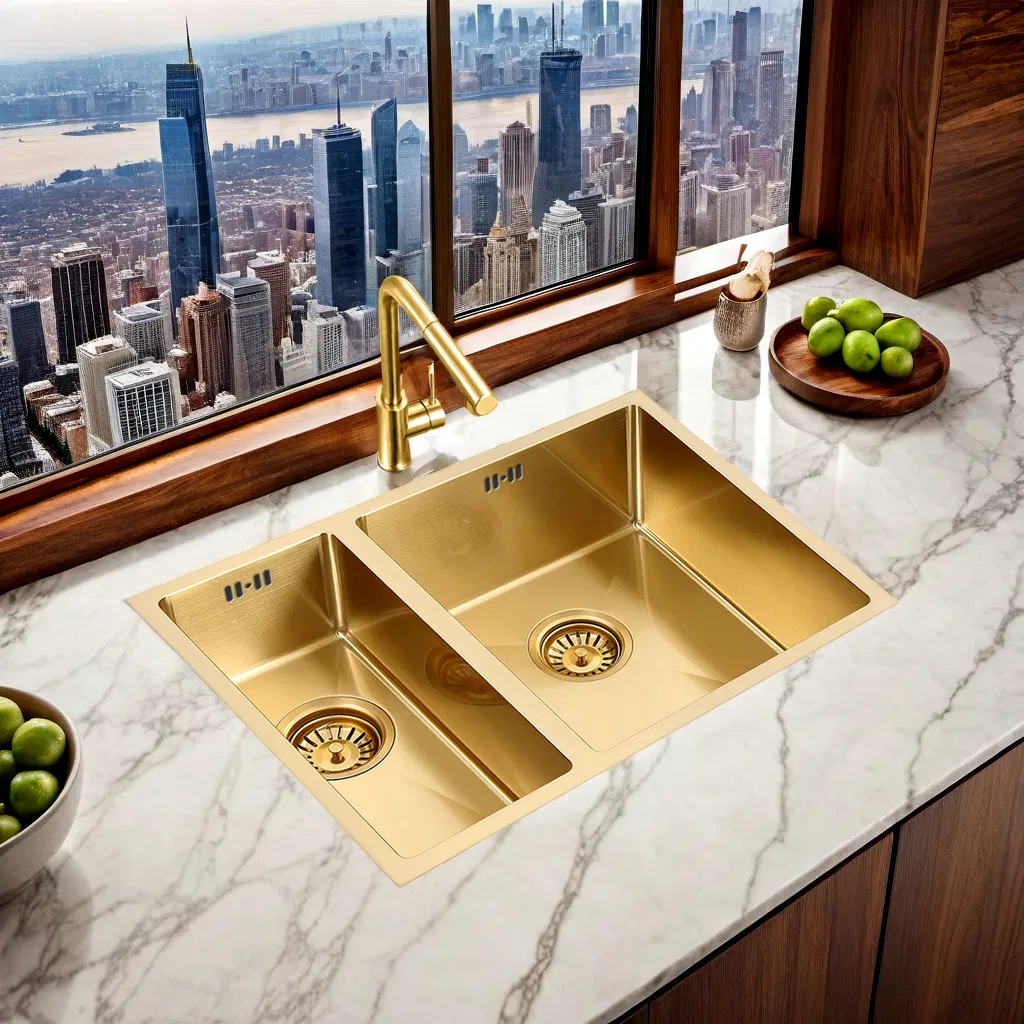 Handmade 304 Stainless Steel Double Bowl Luxurious Golden Kitchen Sink