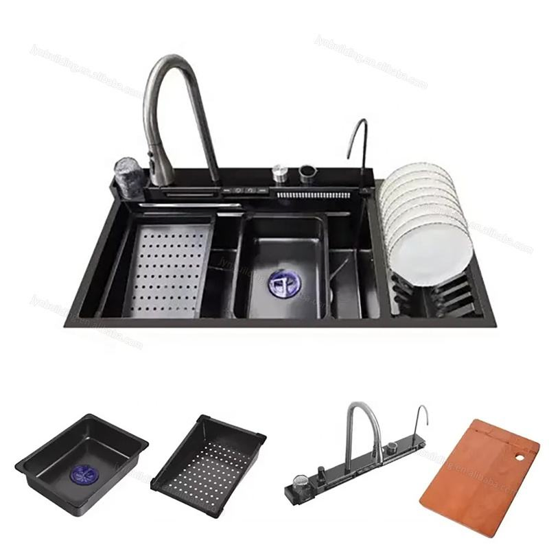 Waterfall Style Undermount Stainless Steel Kitchen Sink with Multifunction Dish Rack