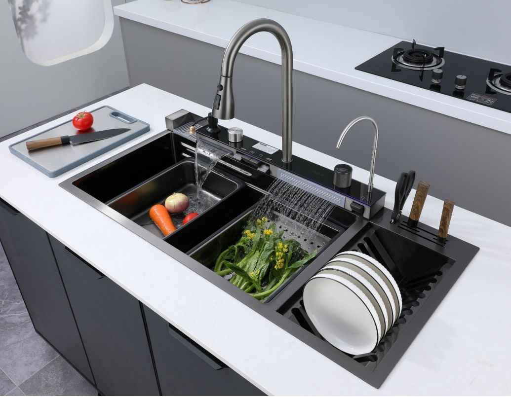 Waterfall Style Undermount Stainless Steel Kitchen Sink with Multifunction Dish Rack