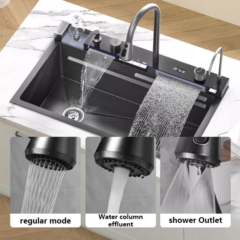 Modern Smart LED Digital Waterfall Stainless Steel Double Bowl Black Kitchen Sink Fregadero De La Cocina