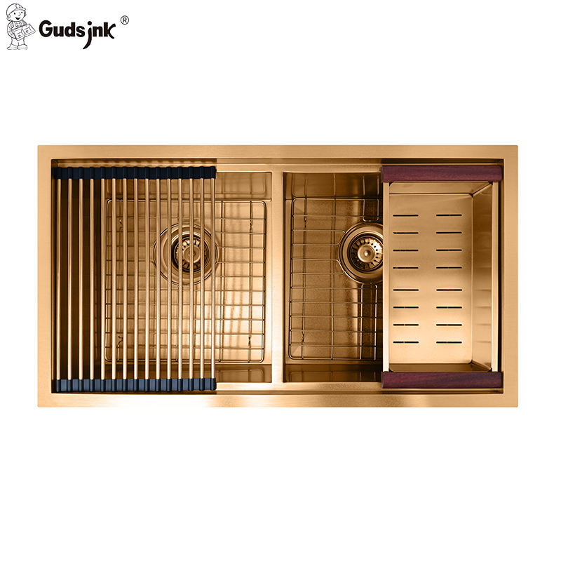Premium Gold 304 Stainless Steel Double Bowl Kitchen Sink with Integrated Workstation