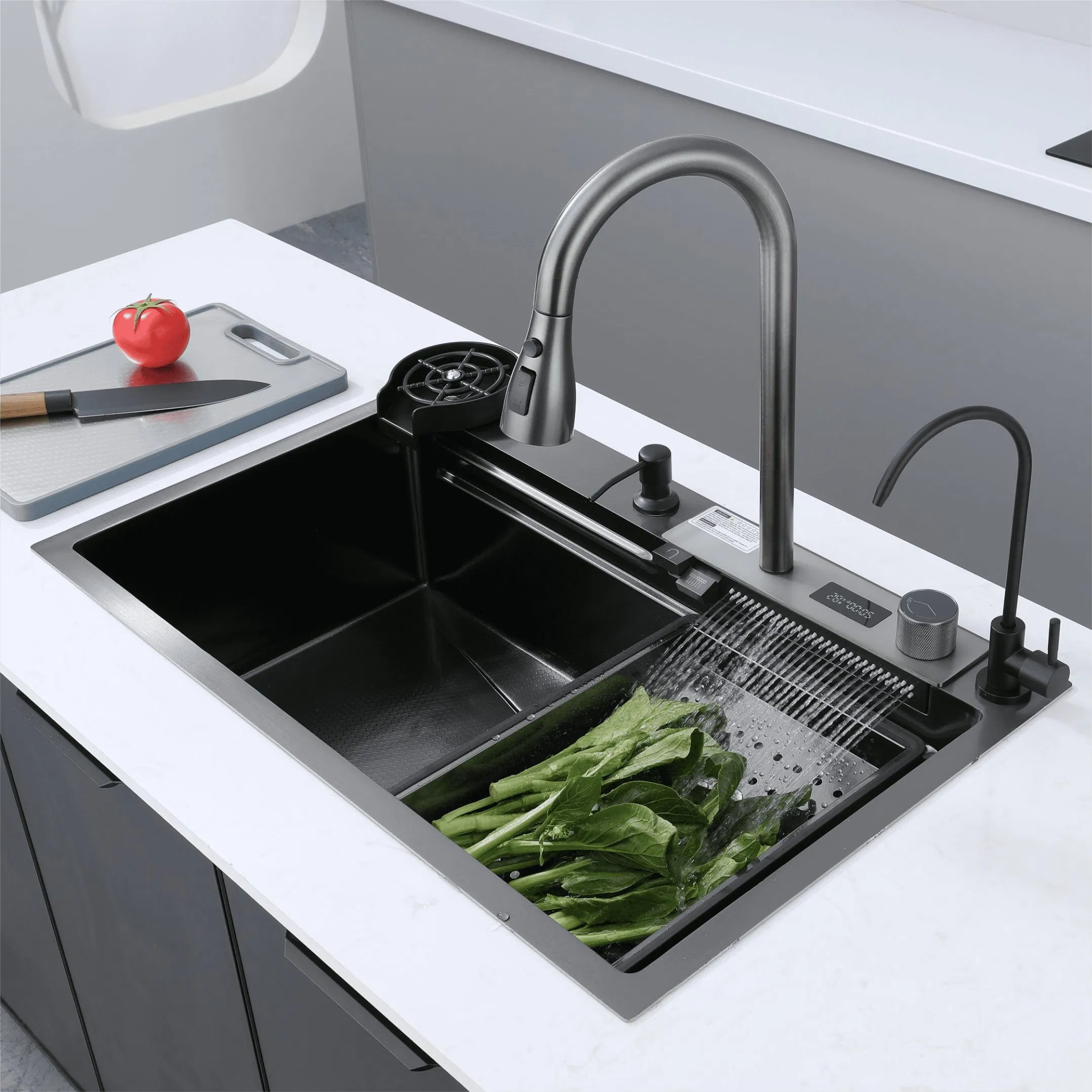 Premium Handmade Stainless Steel Kitchen Sink with Elegant Pull-out Faucet