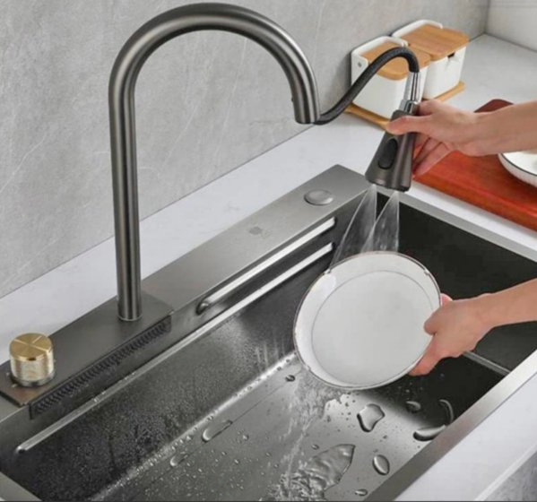 Kitchen Sinks Multifunction Black Waterfall Rainfall Single Bowl Stainless Steel Sink