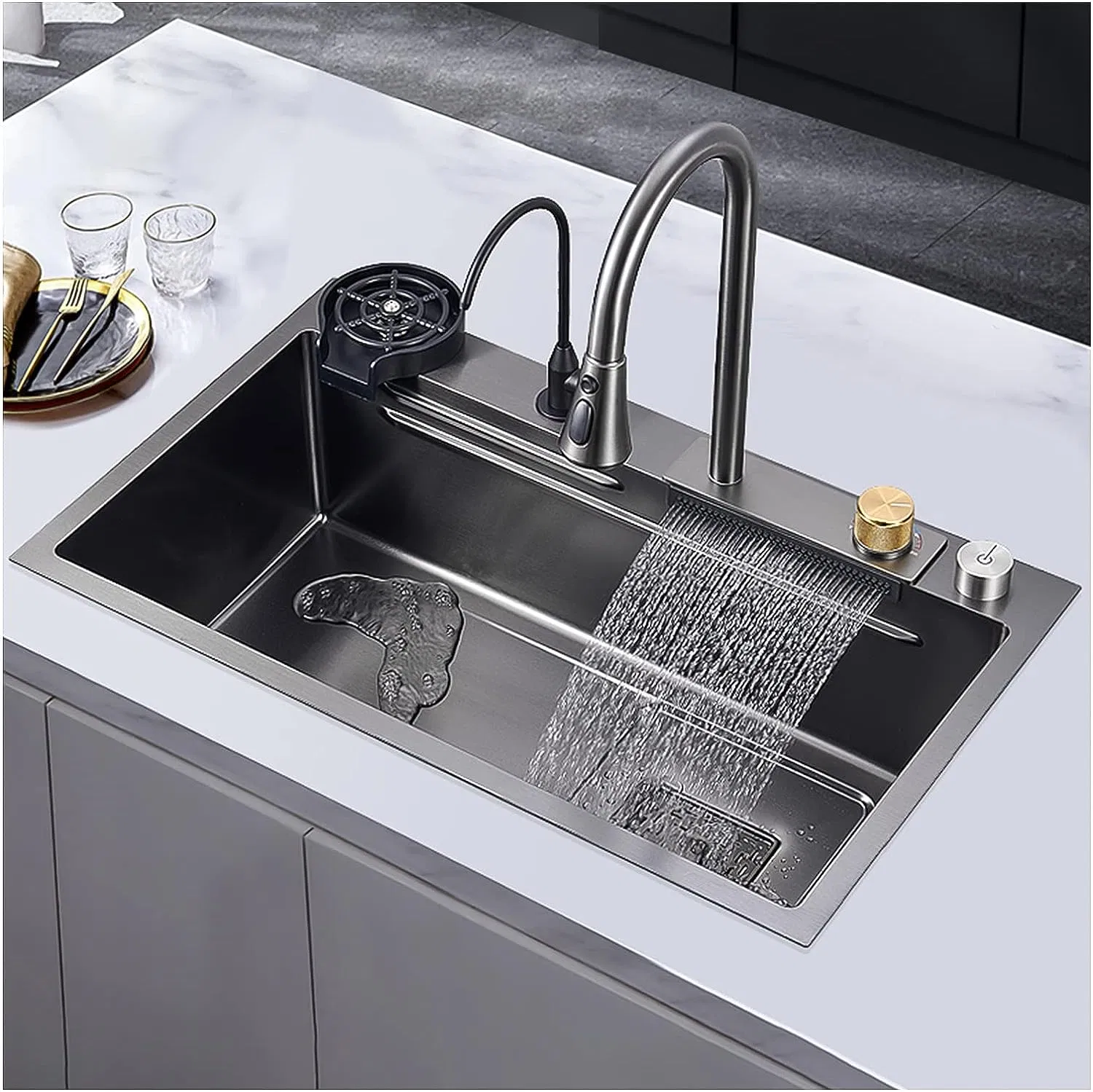 Handmade Modern Design Kitchen Stainless Steel Single Bowl Sink with Intelligent Digital Display Waterfall Faucet