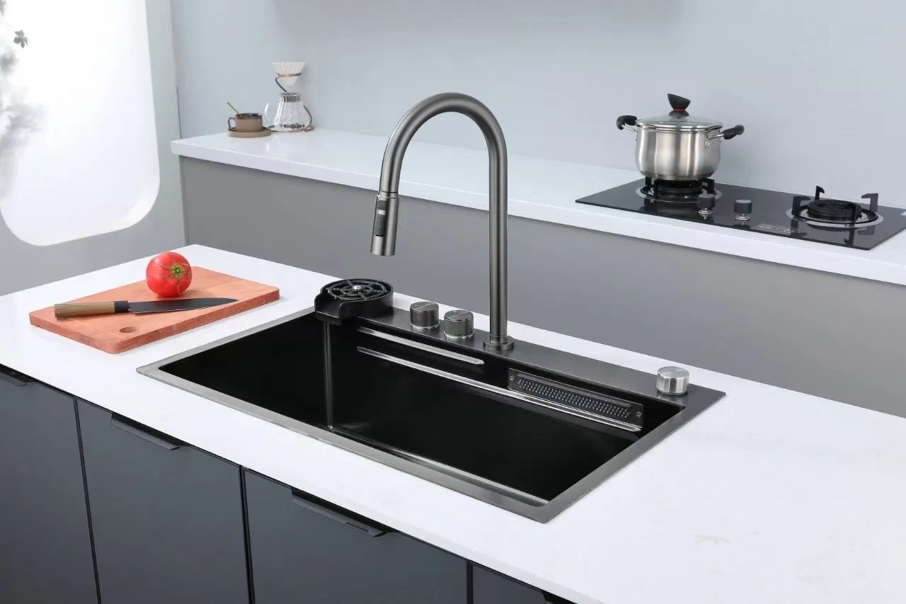 Topmount 201/304 Black Waterfall Drop in Waterfall Kitchen Sink High-End Multifunction Smart Honeycomb Single Bowl