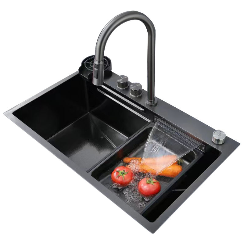 High Quality Topmount Black Stainless Steel 201/304 Drop in Waterfall Kitchen Sink Multifunction Smart Honeycomb Single Bowl