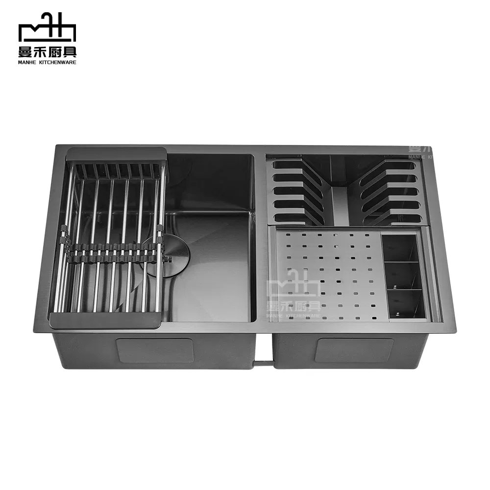 Modern Stainless Steel Black Double Bowl Kitchen Sink with Draining Rack &amp; Cutlery Holder
