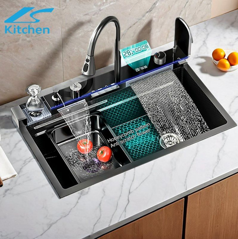 Modern Multifunctional Stainless Steel Kitchen Sink Handmade Nano Black Smart Waterfall Undermount Sink