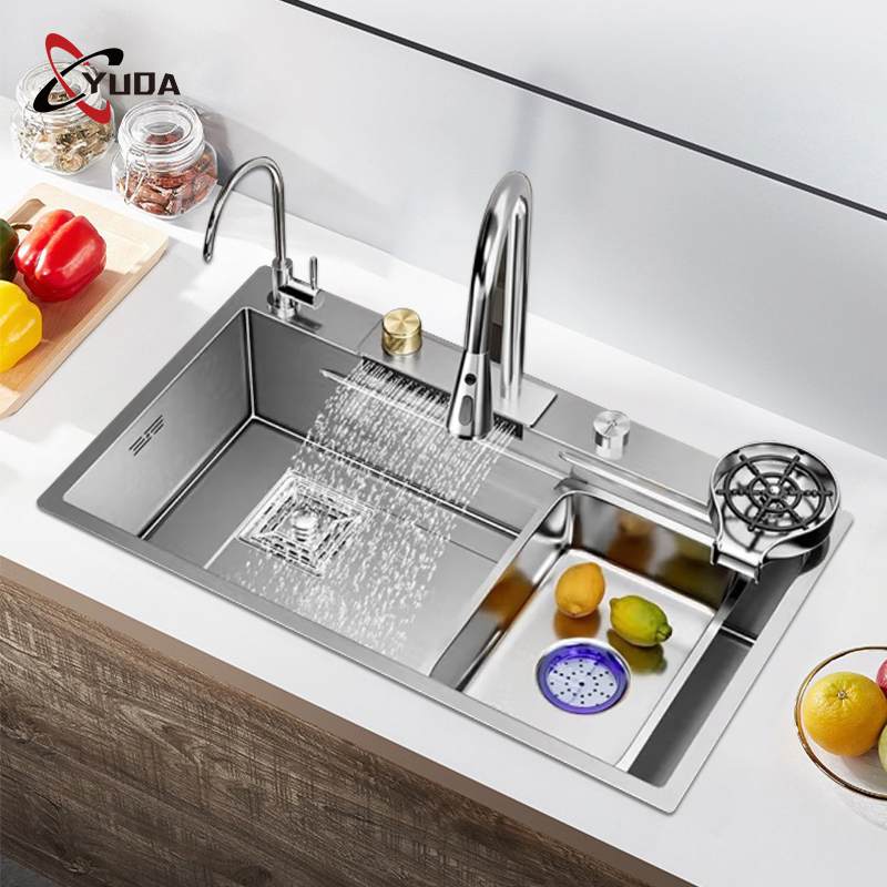 Commercial Modern Stainless Steel Kitchen Sink Single Bowl Black Nano Waterfall Sink