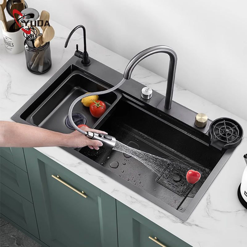 Commercial Modern Stainless Steel Kitchen Sink Single Bowl Black Nano Waterfall Sink
