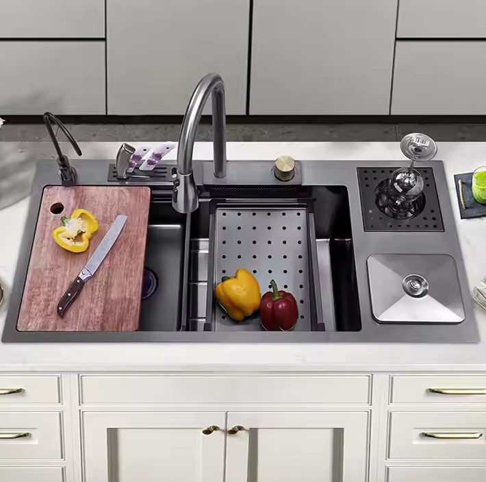 Flying Rain Waterfall Sink: Dual Basins + Retractable Cutting Board