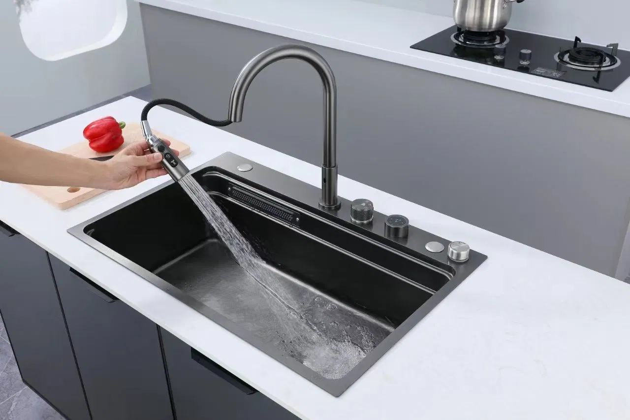 Topmount 201/304 Black Waterfall Drop in Waterfall Kitchen Sink High-End Multifunction Smart Honeycomb Single Bowl