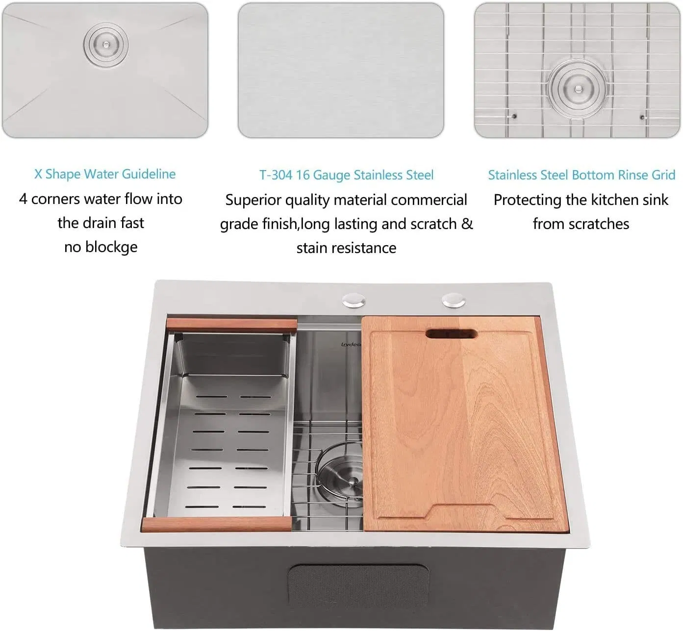 Aquacubic 25 X 22 Inch 18/16 Gauge Topmount Deep Single Bowl Sinks Ledge Workstation, Drop in Kitchen Sinks
