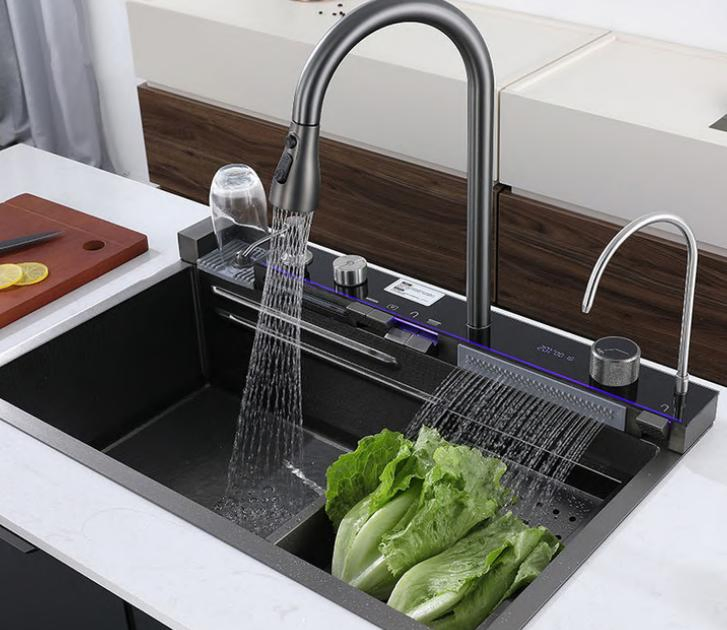 Cm7546c Wash Basin Kitchen Sinks Rainfall Faucet Stainless Steel Sink Single Bowl PVD Nano Black Water Fall Multifunctional Sink Smart with Accessories