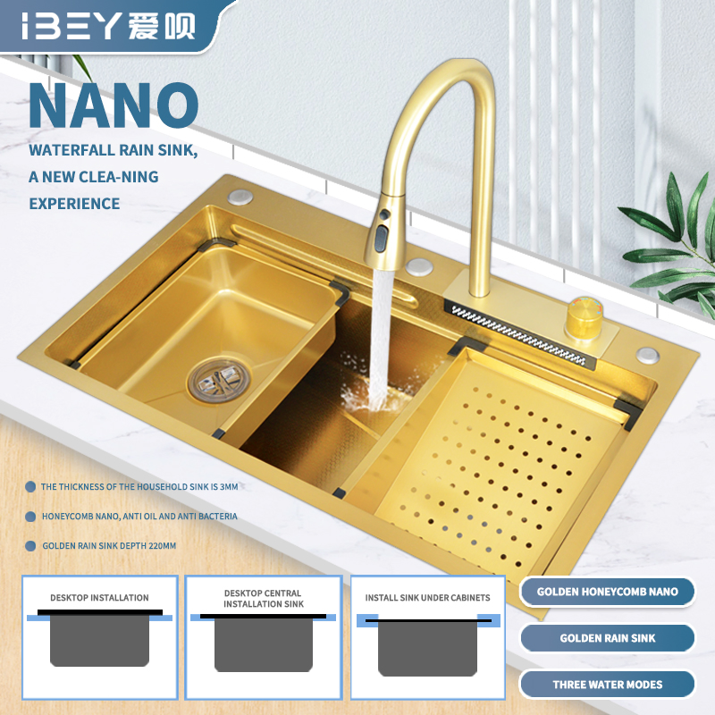 Golden Rain Shower Style Stretchable Stainless Steel Kitchen Sink