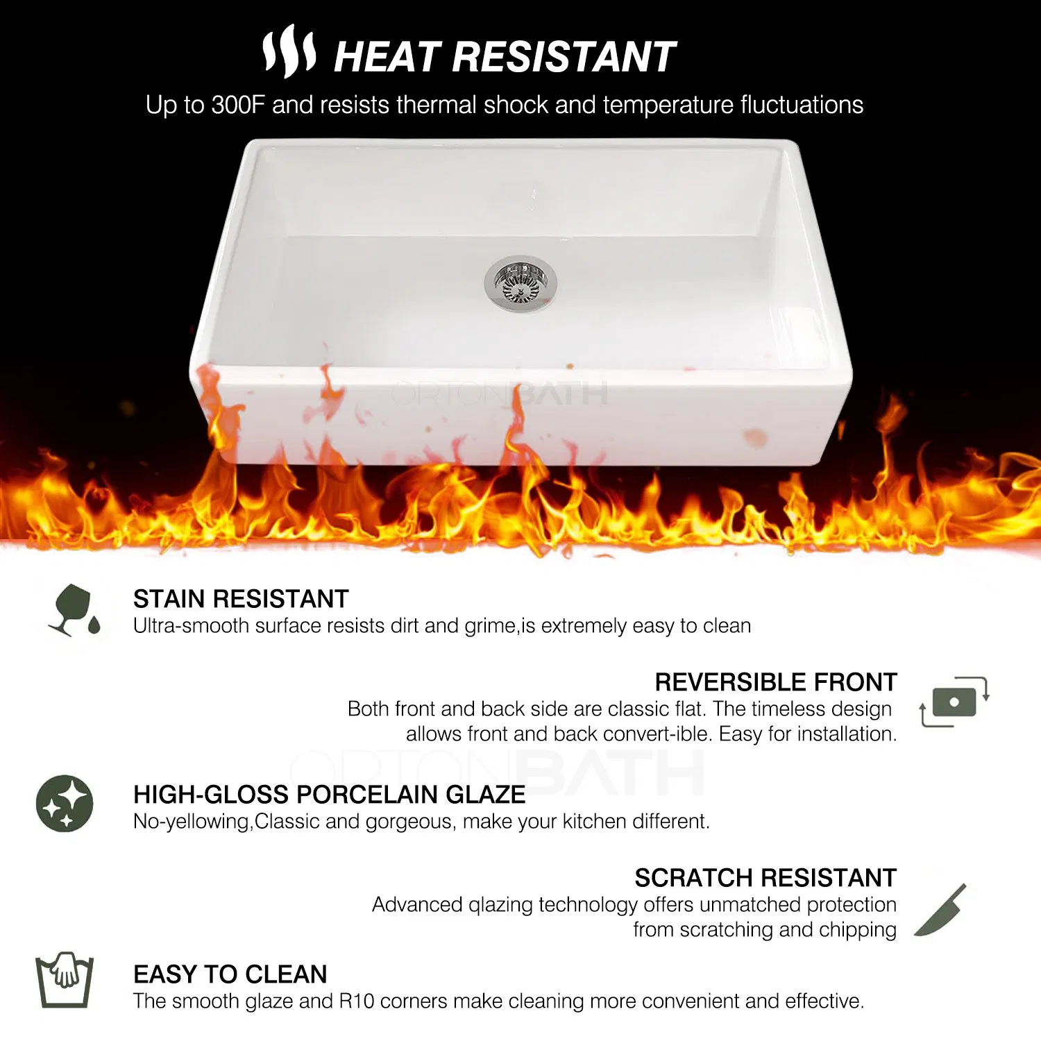 Ortonbath Apron Front Single Bowl White Farmhouse Sink Farm Sink Fireclay Kitchen Sinks Drop in Undermount Kitchen Sink with Drainer