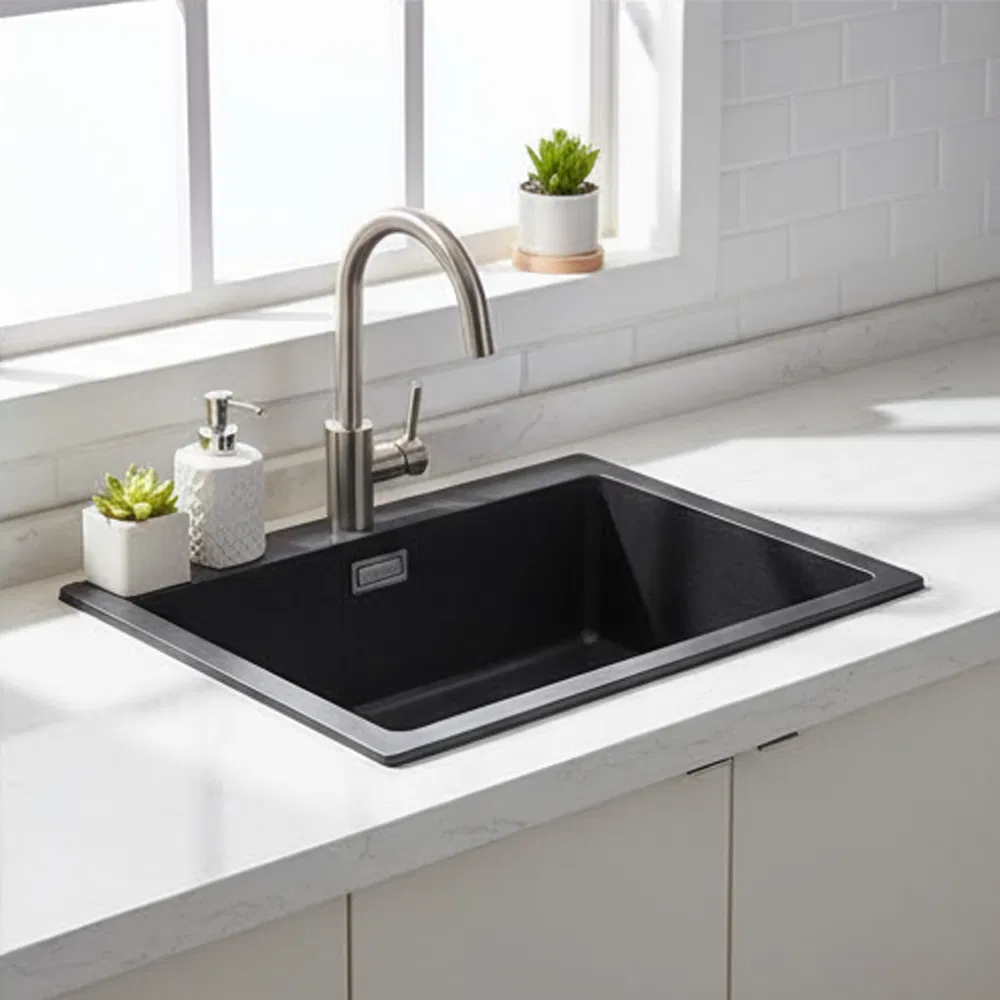 Quartz Kitchen Sink Black Undermount Deep Single Bowl Granite Composite Modern Sink