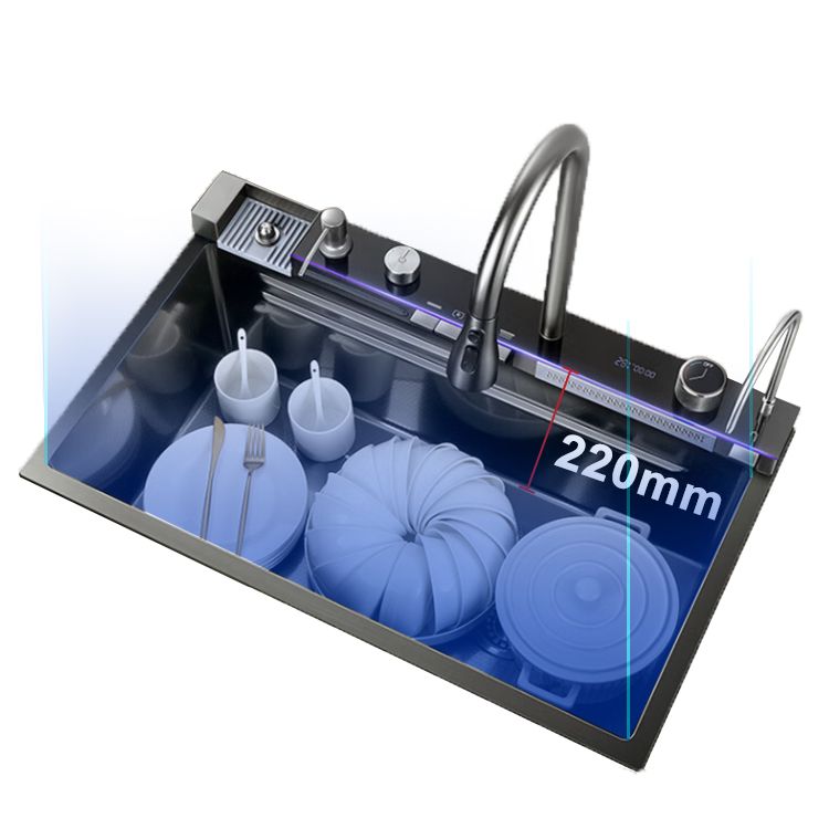 Modern Kitchen Sink 304 Stainless Steel Single Bowl Black Nano Smart Waterfall Sink Fregadero Cocina