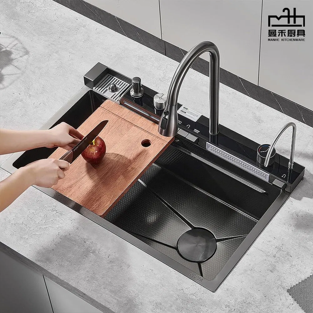Intelligent Stainless Steel Kitchen Sink Black Smart Waterfall Sink Single Bowl