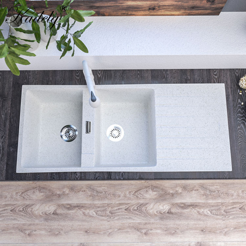 Factory Direct Price Double Bowl White Quartz Stone Sink Composite Granite Kitchen Sink with Drainboard