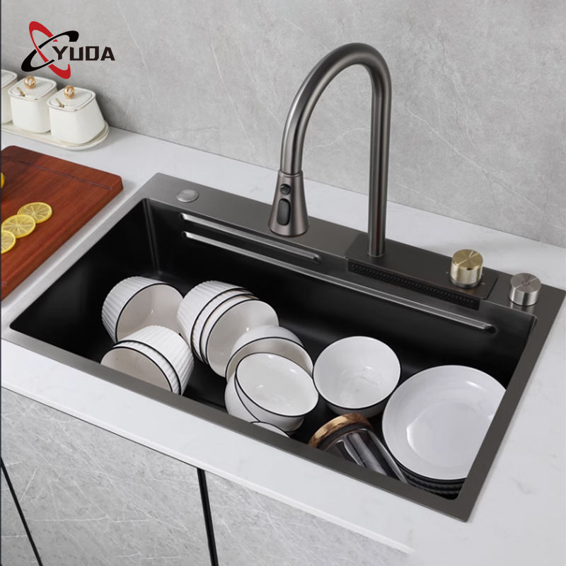 Commercial Modern Stainless Steel Kitchen Sink Single Bowl Black Nano Waterfall Sink