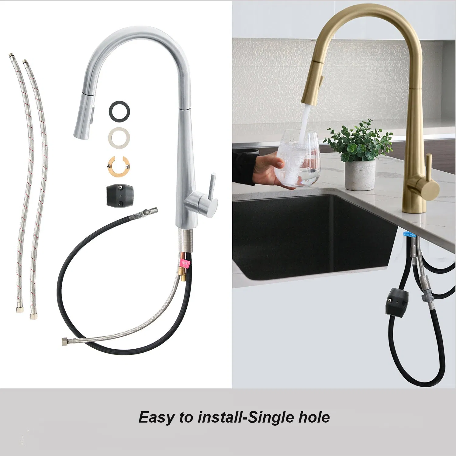 SUS304 Brushed Gold Stretchable Flexible Pull out Kitchen Sink Faucet Mixers Taps Kitchen Faucets