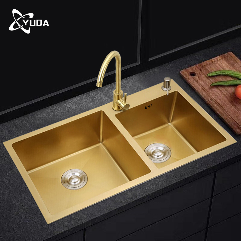 Factory Wholesale Gold Stainless Steel Undermount Kitchen Sink Double Bowls with CE Certification Fregadero De La Cocina