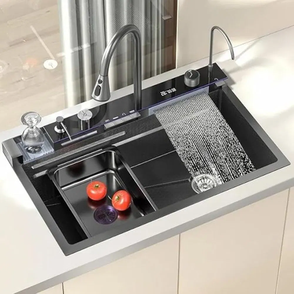 7546cm Washbasin Nano Black Piano Waterfall Multifunctional Handmade Stainless Steel Kitchen Sink