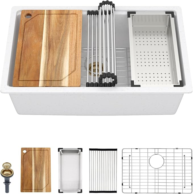 Granite Composite Kitchen Sink Single Bowl 31" Workstation Quartz Kitchen Sinks