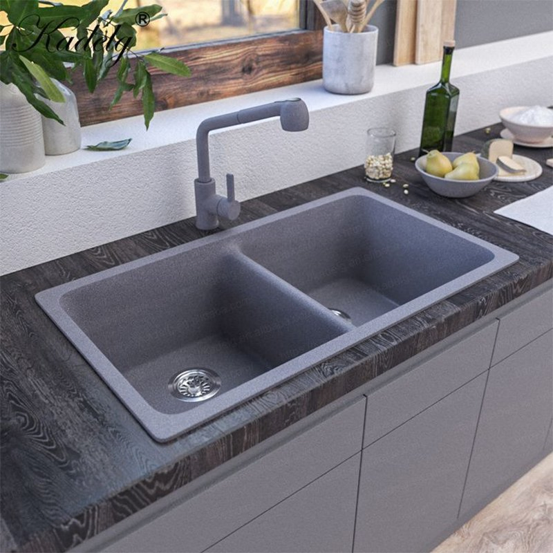 Luxury Nano Anti-Scratch Double Bowl Quartz Stone Kitchen Sink Restaurant Dish Wash Sink Composite Grey Granite Sink in Factory Price