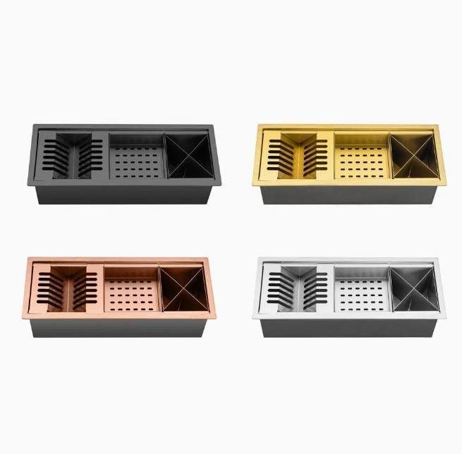Multifunctional Gold Stainless Steel Dish Drying Kitchen Channel Sink with Gold Draining Rack