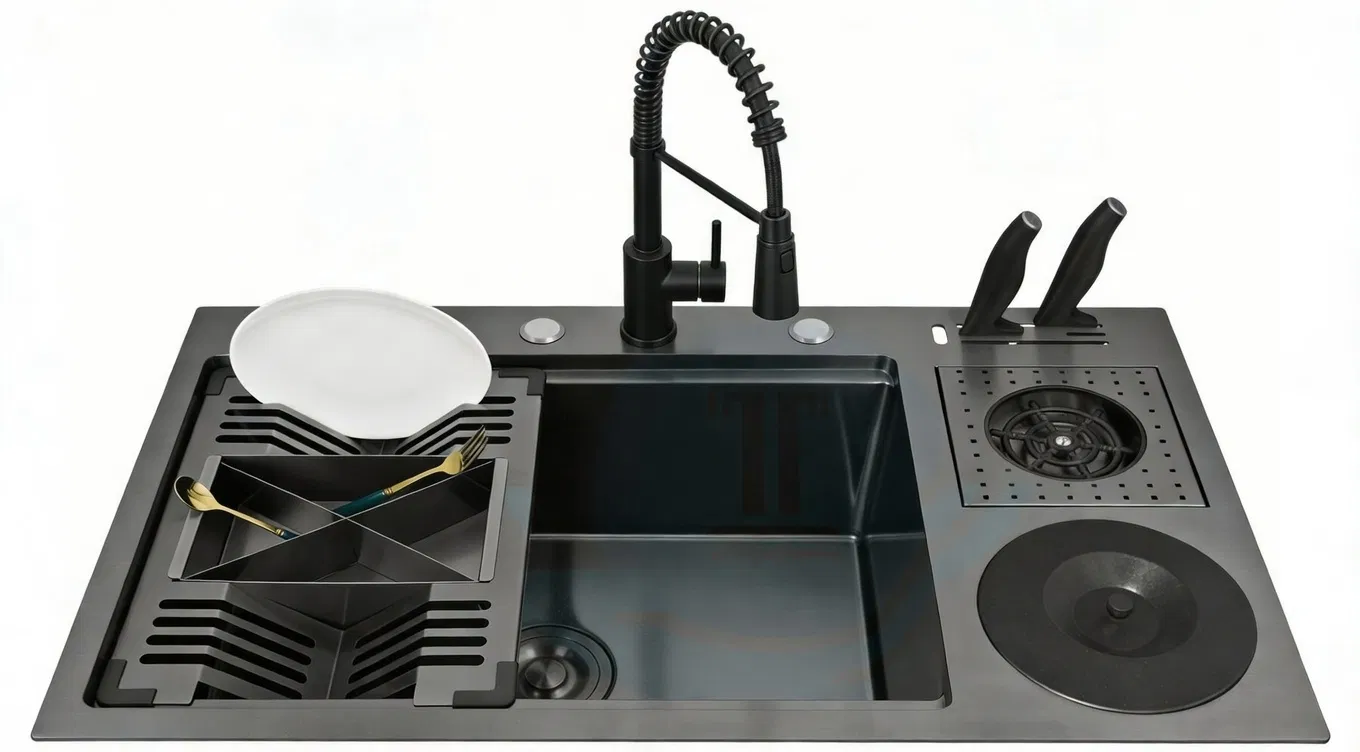 Full Set with Waste Bin, Draining Rack, Cup Washer &amp; Knife Organizer Smart Kitchen Workstation Stainless Steel Kitchen Sink Hmfs8049