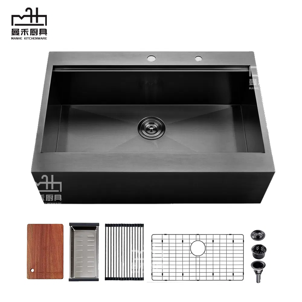 Black Drop in 304 Stainless Steel Farmhouse Flat Apron Front Workstation Sink Countertop Fregaderos De Cocina