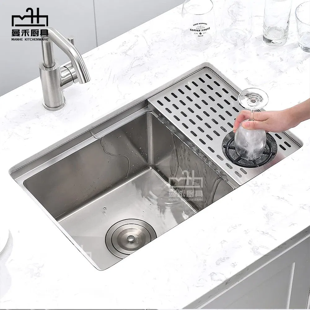 Handmade Bar Sink with Glass Rinser Stainless Steel Undermount Prep Kitchen Workstation Sink Single Bowl with Cup Washer and Cutting Board
