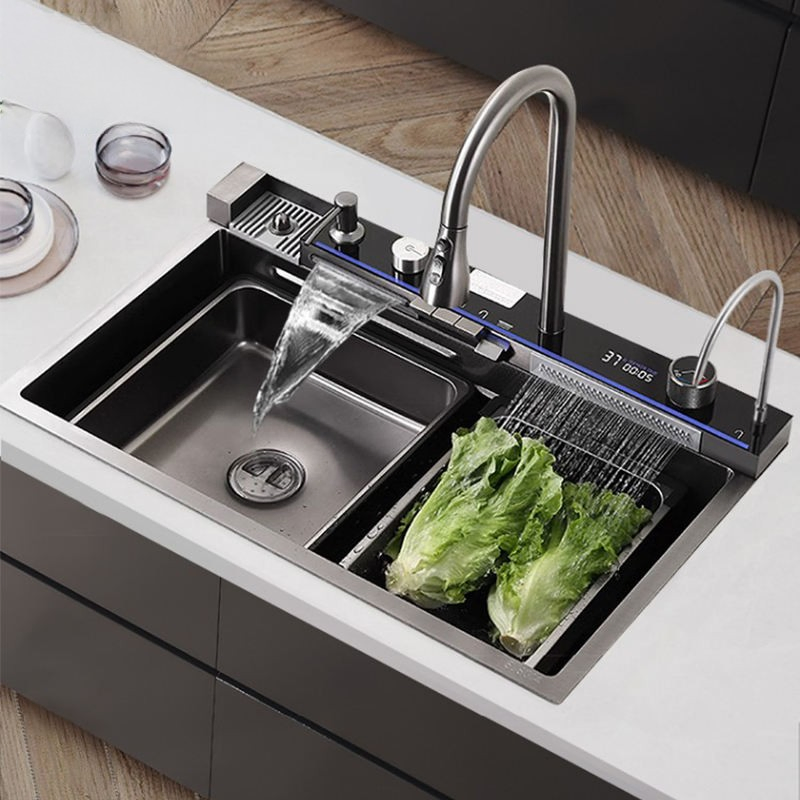 Multi Functional Handmade Stainless Steel Nano Double Bowl Waterfall Style Kitchen Sink