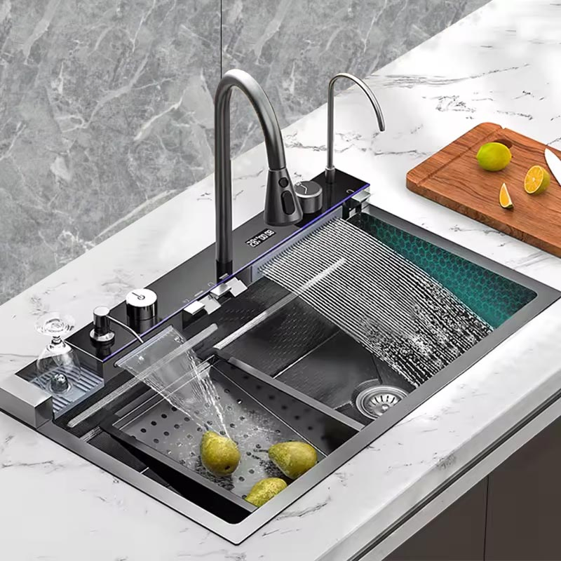 Smart Pull out Anti Scratch Waterfall Faucet Multifunctional Sink Stainless Steel Handmade Single Bowl Kitchen Sink Nano Black