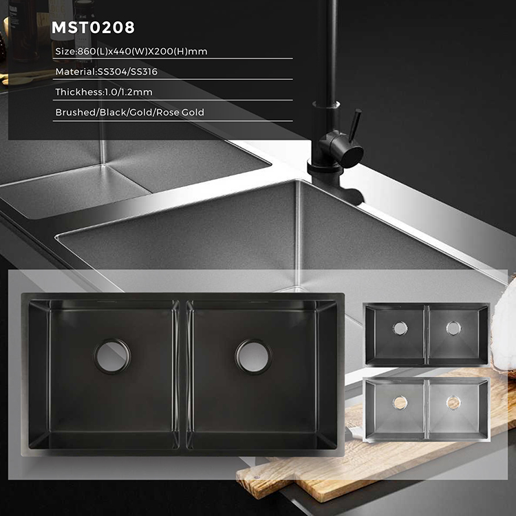 Sanipro Undermount Fine Drawing Process Large Round Corner Double Bowl Brushed Stainless Steel 304 Handmade Kitchen Sink